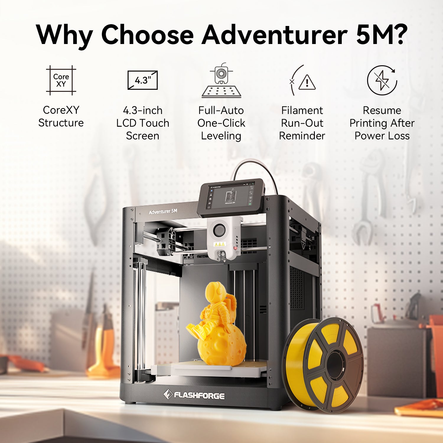 Flashforge Adventurer 5M 3D Printer, 600mm/s High Speed, Beginner-friendly