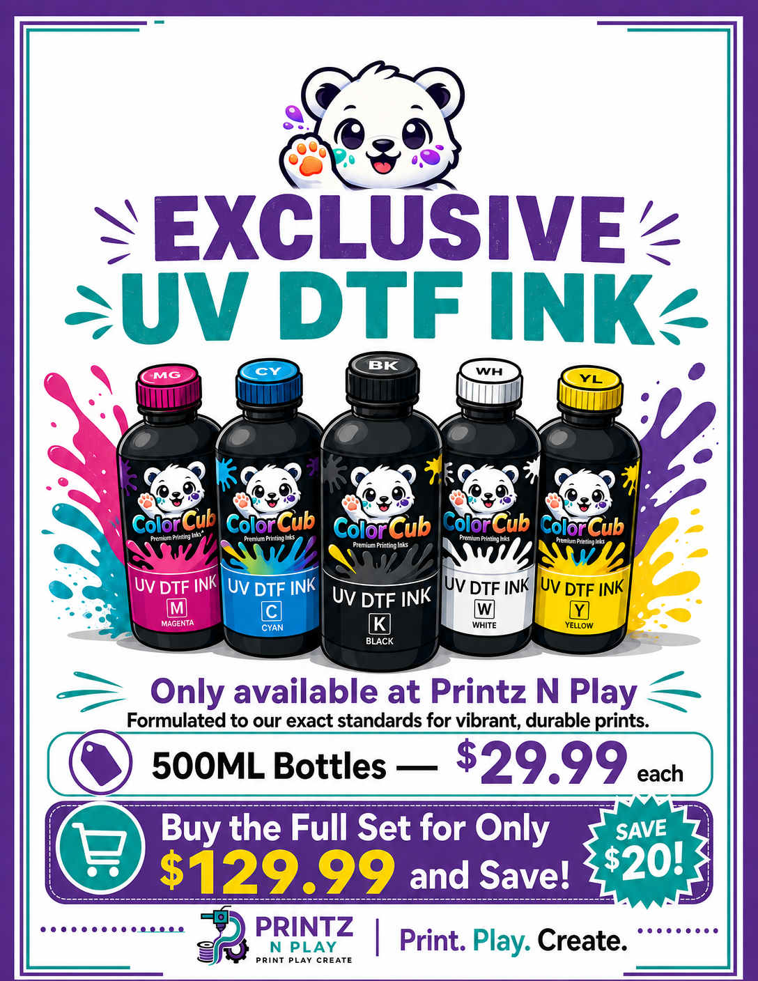 Color Cub UV Inks White, Black, Yellow, Magenta, Cyan