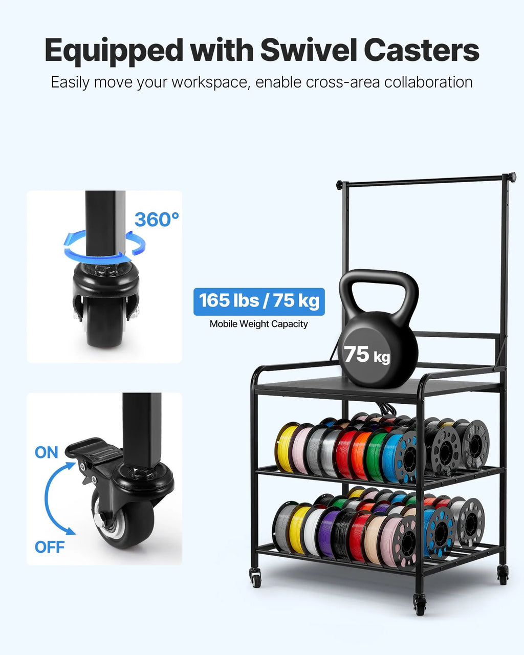 VEVOR 3D Printer Filament Storage Rack, 3-Tier 3D Printer Stand with Filament Storage, Spools Holder Racks Cart with Wheels, Filaments Organzied for 3D Printing Station, Office, Workshop (Shelf Only)