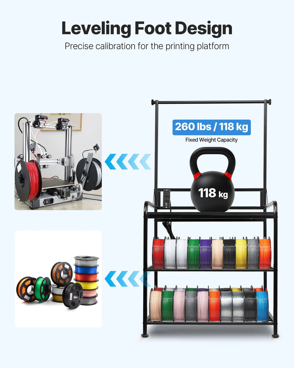 VEVOR 3D Printer Filament Storage Rack, 3-Tier 3D Printer Stand with Filament Storage, Spools Holder Racks Cart with Wheels, Filaments Organzied for 3D Printing Station, Office, Workshop (Shelf Only)