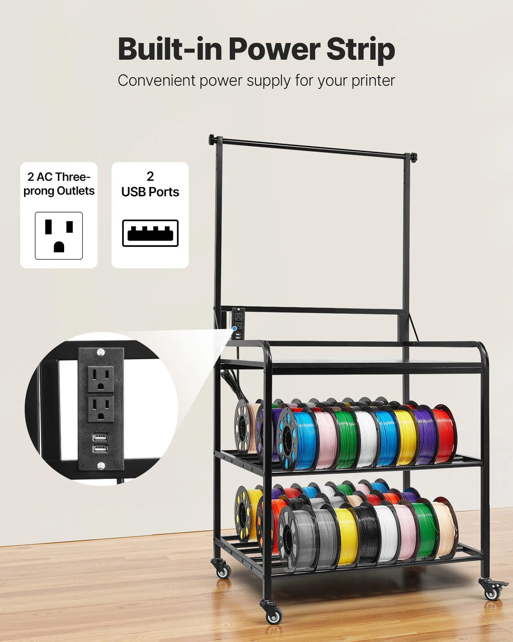 VEVOR 3D Printer Filament Storage Rack, 3-Tier 3D Printer Stand with Filament Storage, Spools Holder Racks Cart with Wheels, Filaments Organzied for 3D Printing Station, Office, Workshop (Shelf Only)