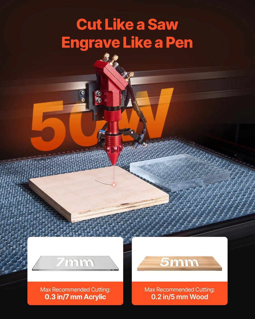VEVOR 50W CO2 Laser Engraver, 20 x 12 in, CO2 Laser Engraver Cutter Machine with 4 Way Pass Air Assist, Engraving Cutting Machine, Compatible with LightBurn CorelDRAW RDWorks, for Wood Acrylic Glass