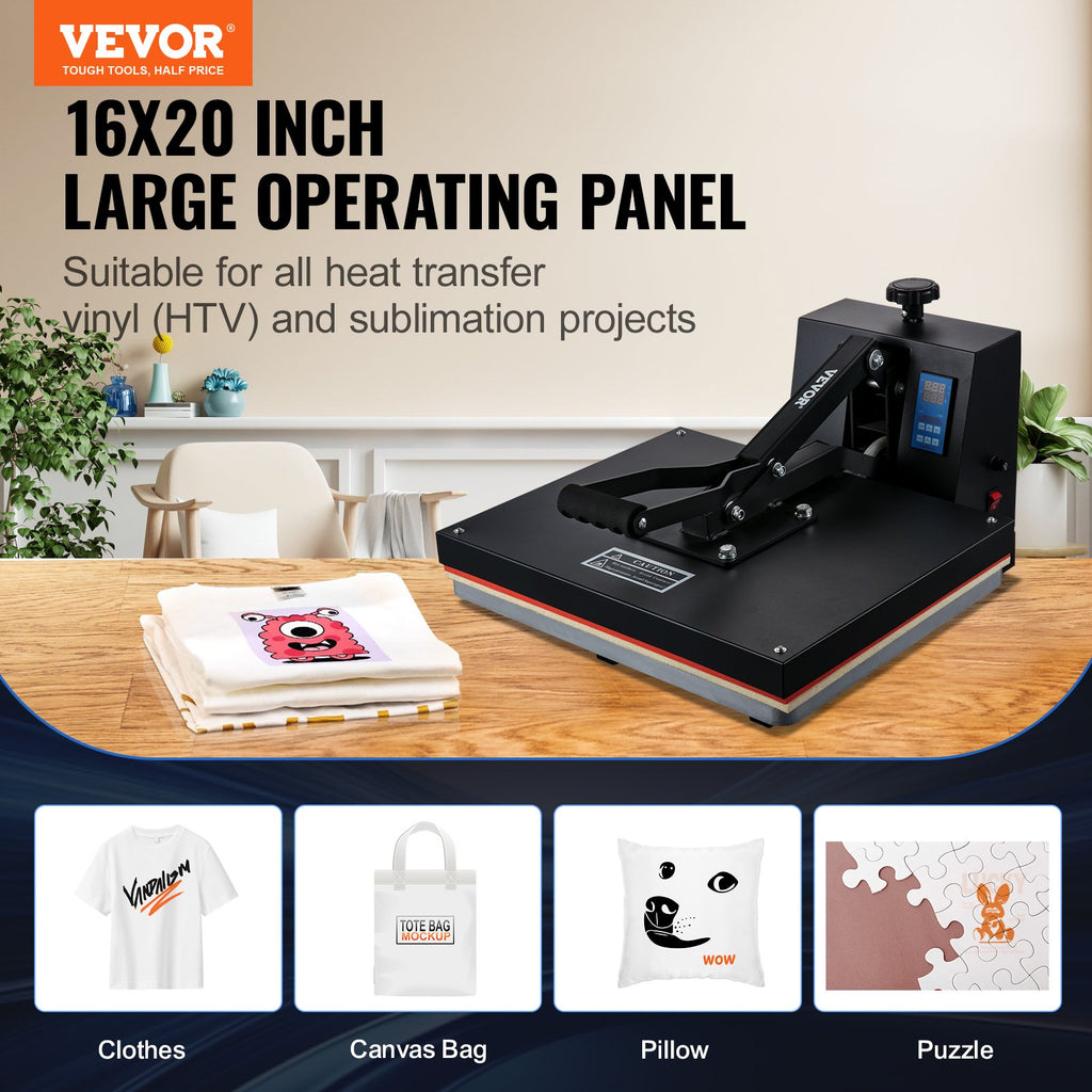 VEVOR Heat Press 16x20, 1700W Power Heat Press Machine, Fast Heating, High Pressure Heat Press Machine for T-Shirt, Digital Industrial Sublimation Printer for Heat Transfer Vinyl, Easy to Use, Black