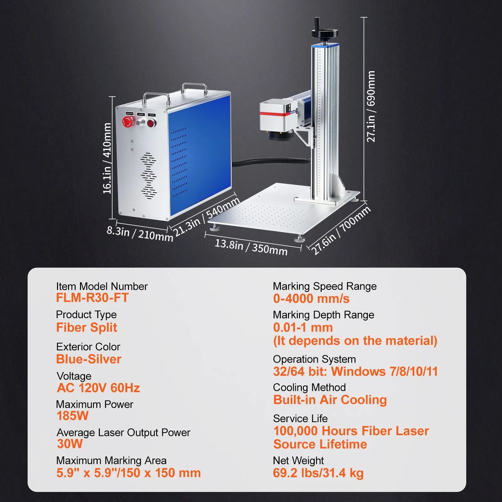 VEVOR Fiber Laser Marking Machine, 30W Compatible with LightBurn, Fiber Laser Engraving Marking Machine with 5.9" x 5.9" Working Area, Solid State Fiber Laser Engraver for Aluminum Steel Jewelry Gold