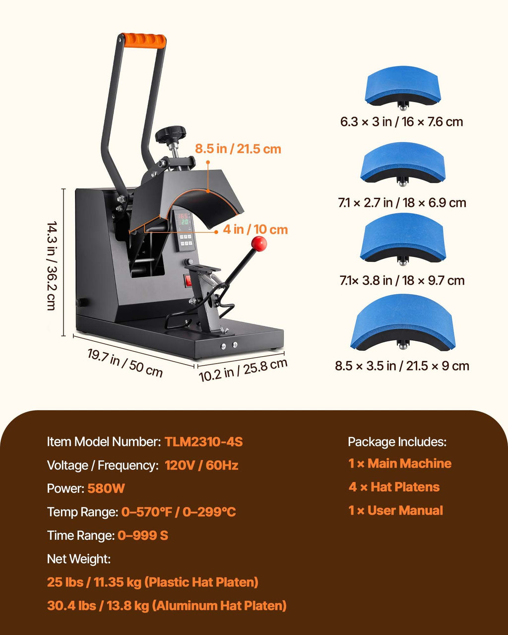 VEVOR Hat Heat Press, 4-in-1 Cap Heat Press Machine, 6 x 3in Clamshell Sublimation Transfer, LCD Digital Timer Temperature Control with 4pcs Curved Heating Elements (6x3/6.7x2.7/6.7x2.7/8.1x3.5)
