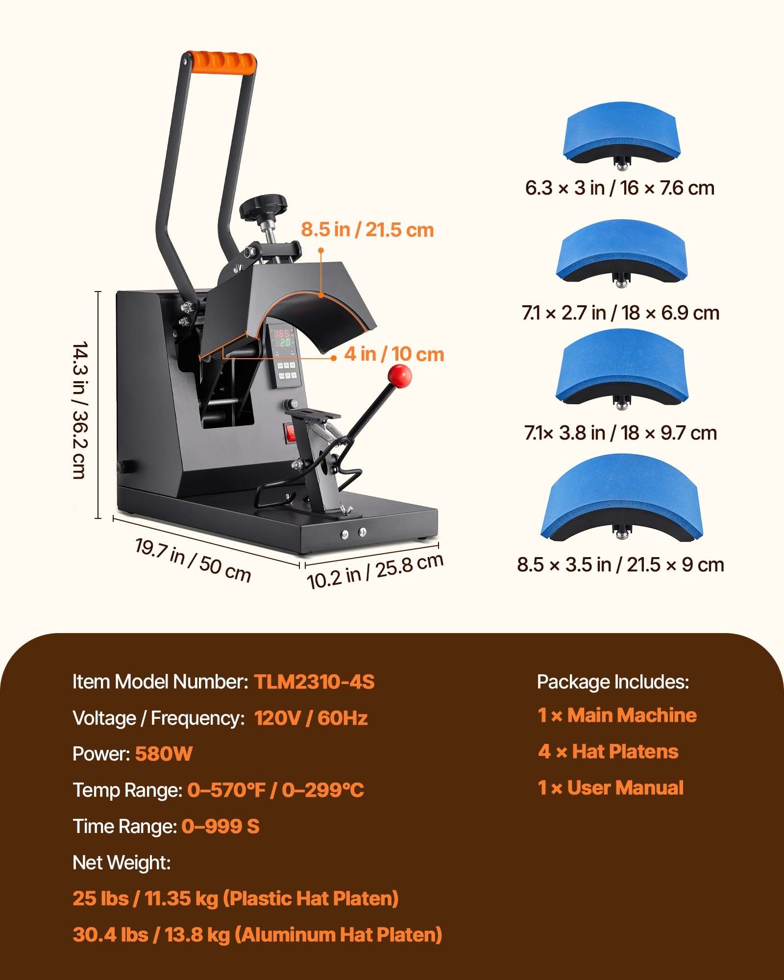 VEVOR Hat Heat Press, 4-in-1 Cap Heat Press Machine, 6 x 3in Clamshell Sublimation Transfer, LCD Digital Timer Temperature Control with 4pcs Curved Heating Elements (6x3/6.7x2.7/6.7x2.7/8.1x3.5)